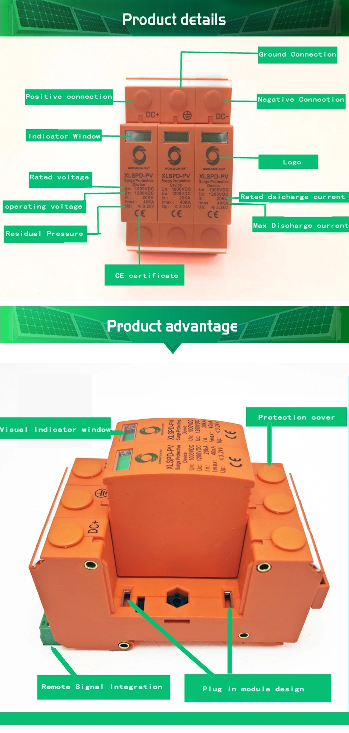 CE, TUV DC 2p 500V 800V 1000V 3p 1000V 20-40ka Power Lightning Surge Protector Protection Arrester Surge Protective Arrestor Device SPD