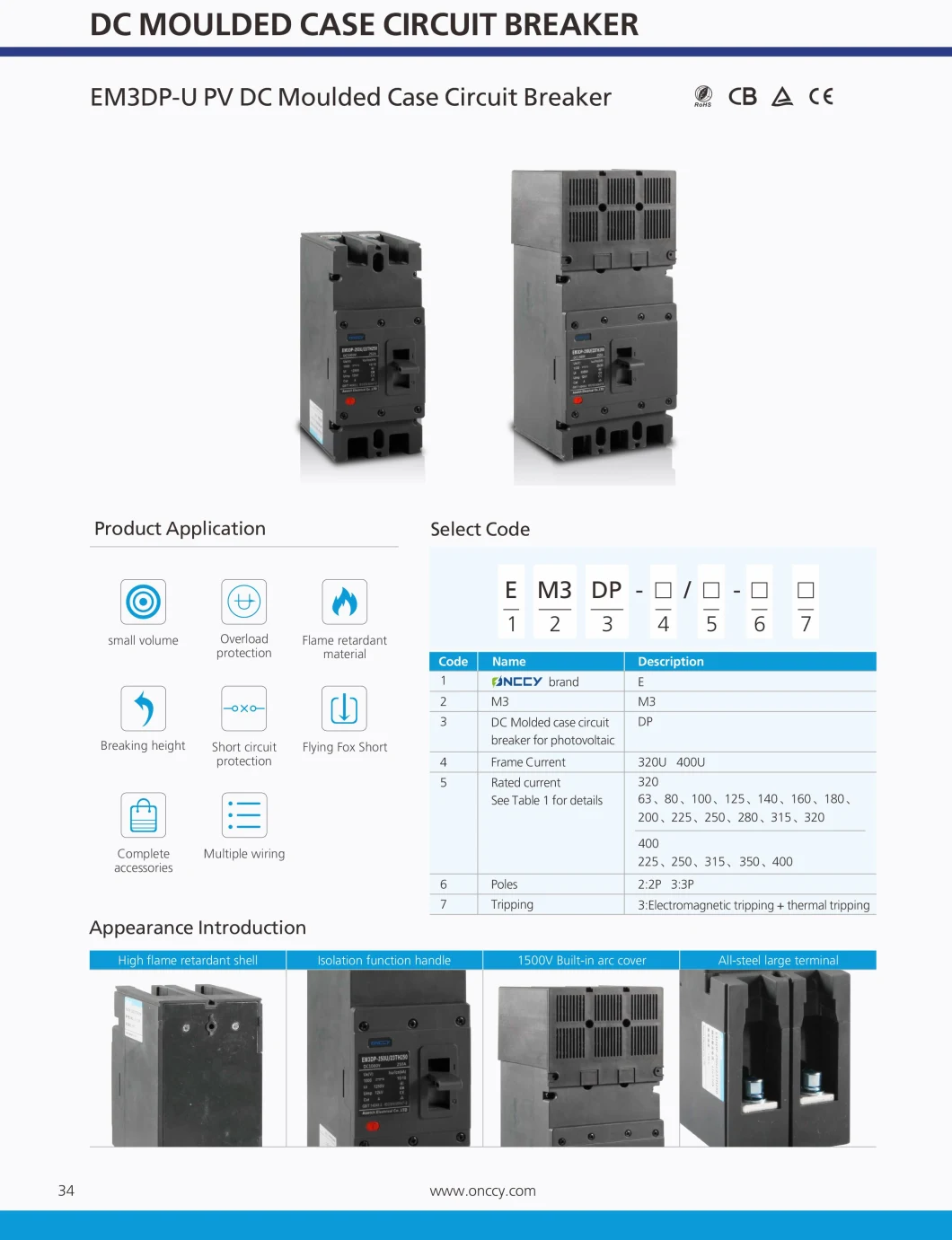 DC1500V Low Voltage Three Pole Molded Case MCCB DC Circuit Breaker