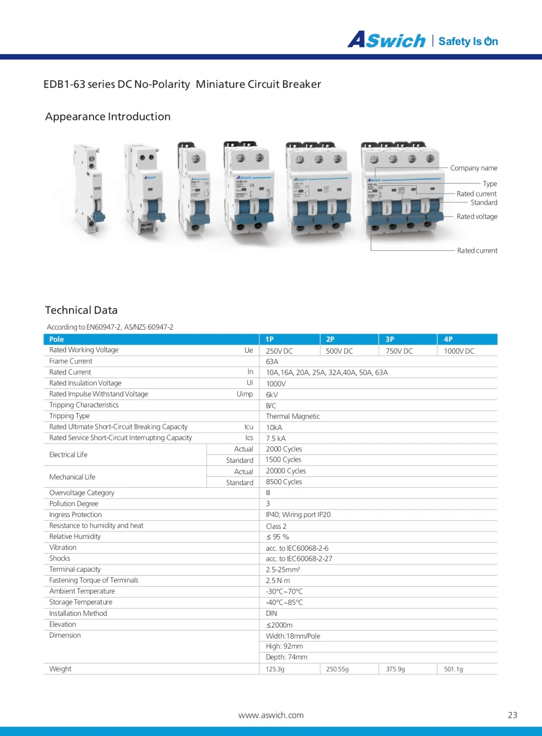 Aswich 1-4p CE CB TUV Certificated 63A 6ka/10ka DC MCB Miniature Circuit Breaker